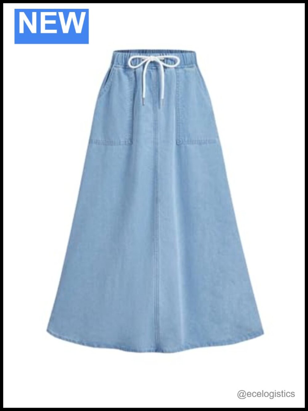 Drawstring Elastic Waist A-Line Long Denim Skirt Pockets